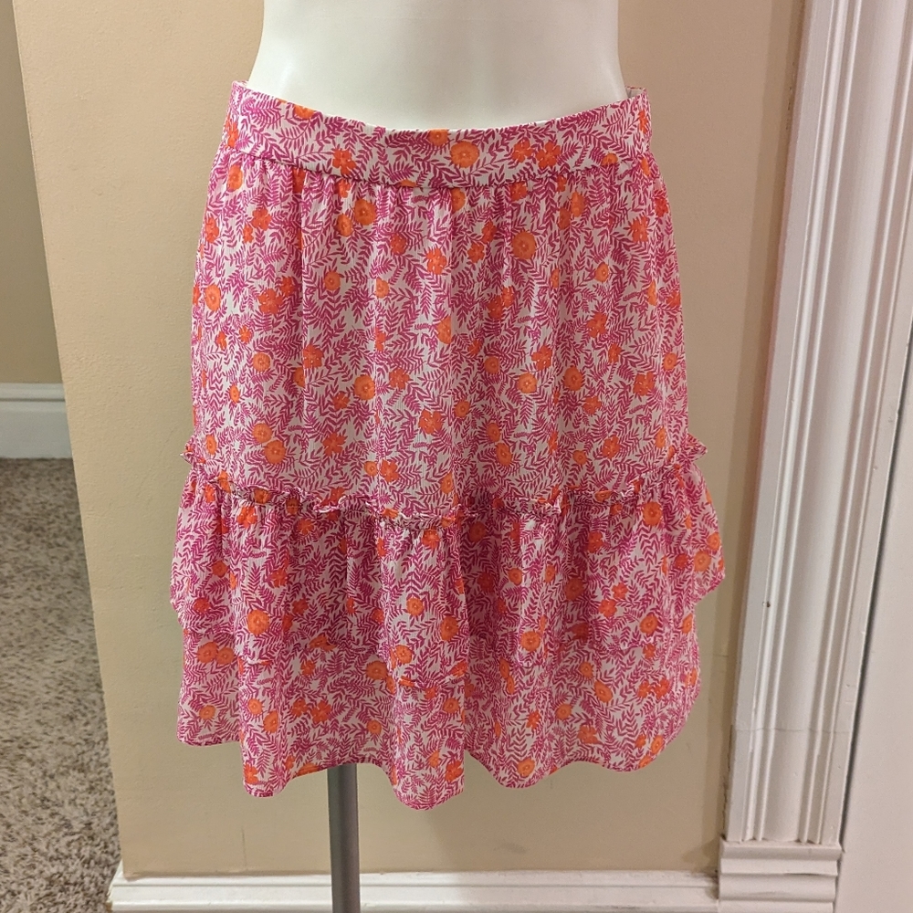 J. Crew pink, white and orange floral ruffle elastic waist skirt size S